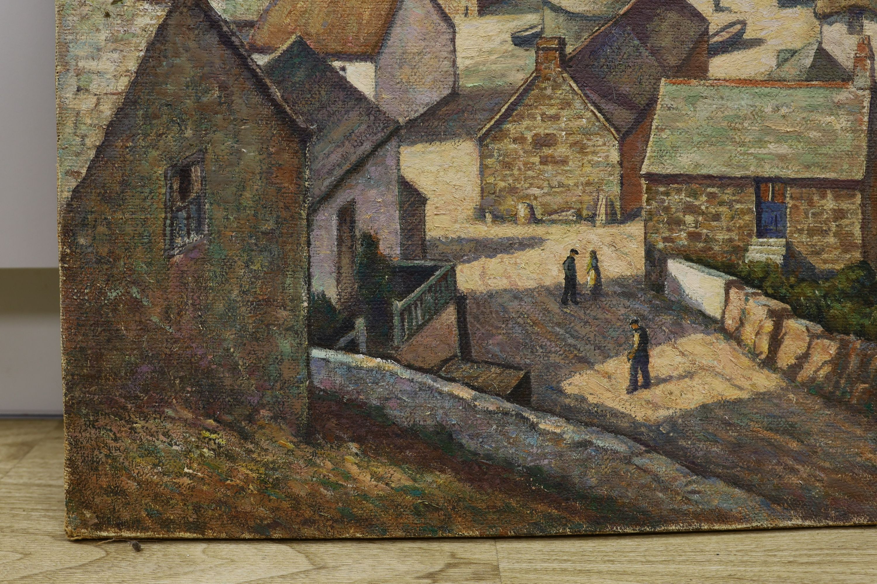 Early 20th century Continental School, oil on canvas, View of a fishing village, 51 x 61cm, unframed